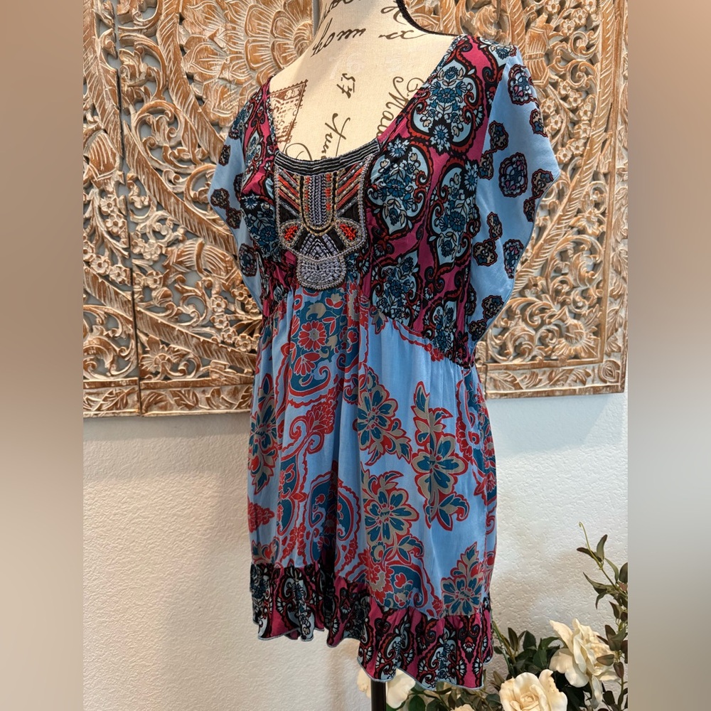One World Blue & Pink Babydoll, Embroidered chest Top, Loose Boho Chic- size L - Picture 4 of 14